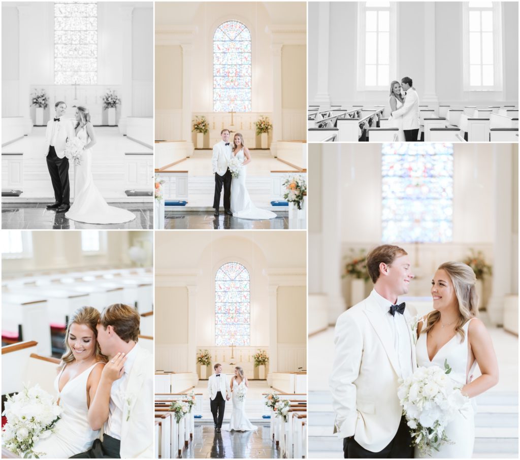 Bride and groom portraits in the white sanctuary of Canterbury UMC