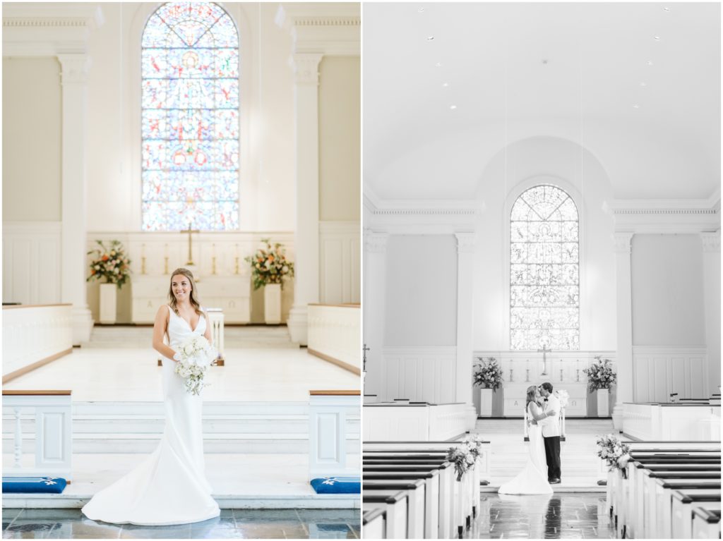 Classic timeless bride and groom portraits taken in a church sanctuary in mountain brook alabama
