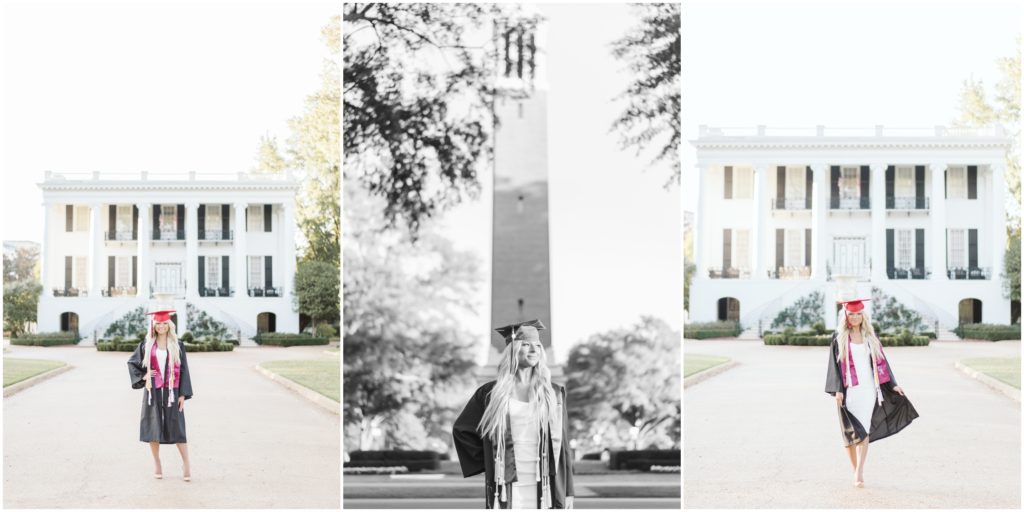 University of Alabama student in cap and gown at the president's mansion in Tuscaloosa, Alabama.