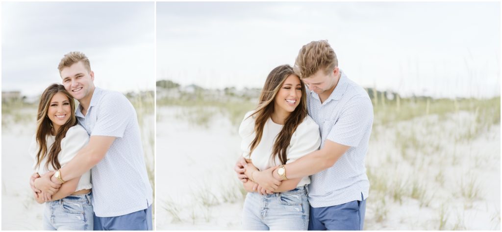 Couple engagement session cuddled on the beach of Rosemary Beach, Florida.