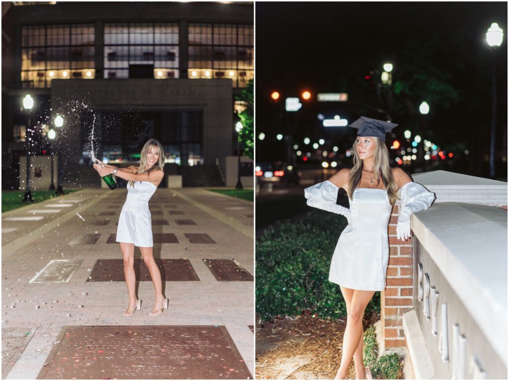 Girl popping champagne at Walk of Champions in front of Bryant Denny Stadium in Tuscaloosa, Alabama. 