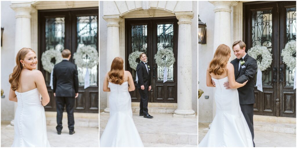 First look between a bride and groom on the steps of Stonewood Farm in Tuscaloosa, Alabama. 