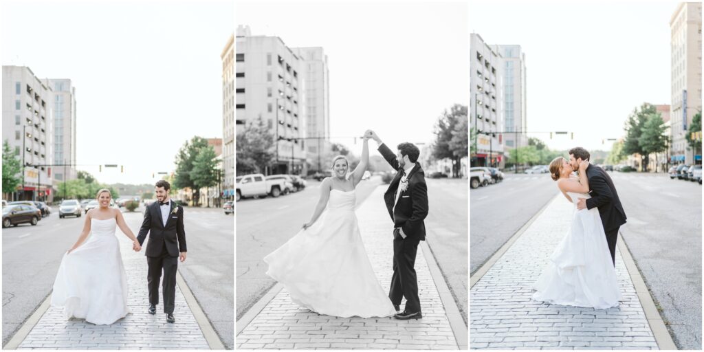 Bride and Groom wedding photos taken downtown Montgomery at sunset